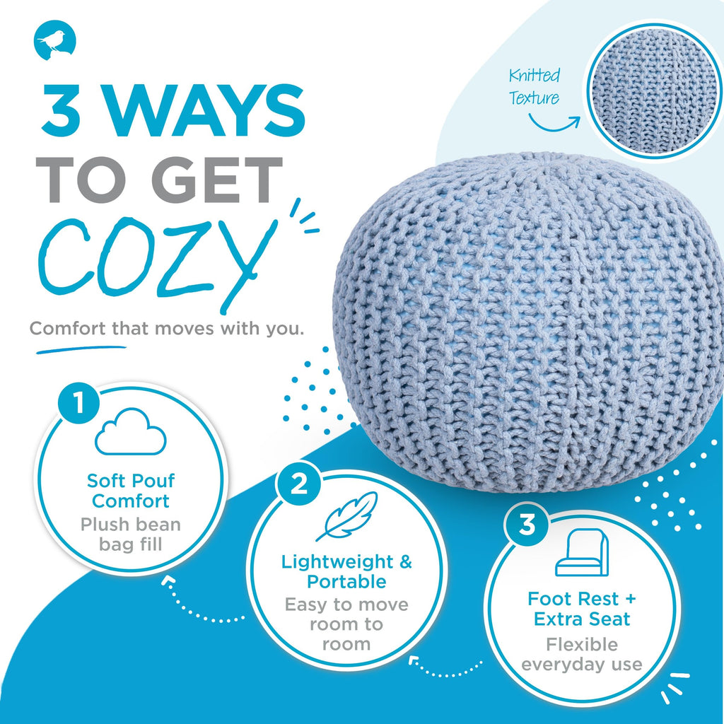 Round Pouf Ottoman Foot Rest, Soft Blue, 18.5"x18.5"x15"