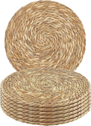 Round Woven Placemats - 13.8 Inches Natural Boho Rattan Wicker Table Mats Dining Table - Set of 6