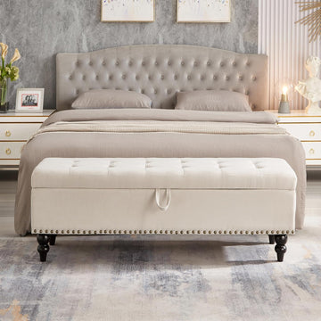 59" Long Storage Ottoman Bench for King Bed End,Linen Upholstered Benches with Storage,Mid Century Modern Bench