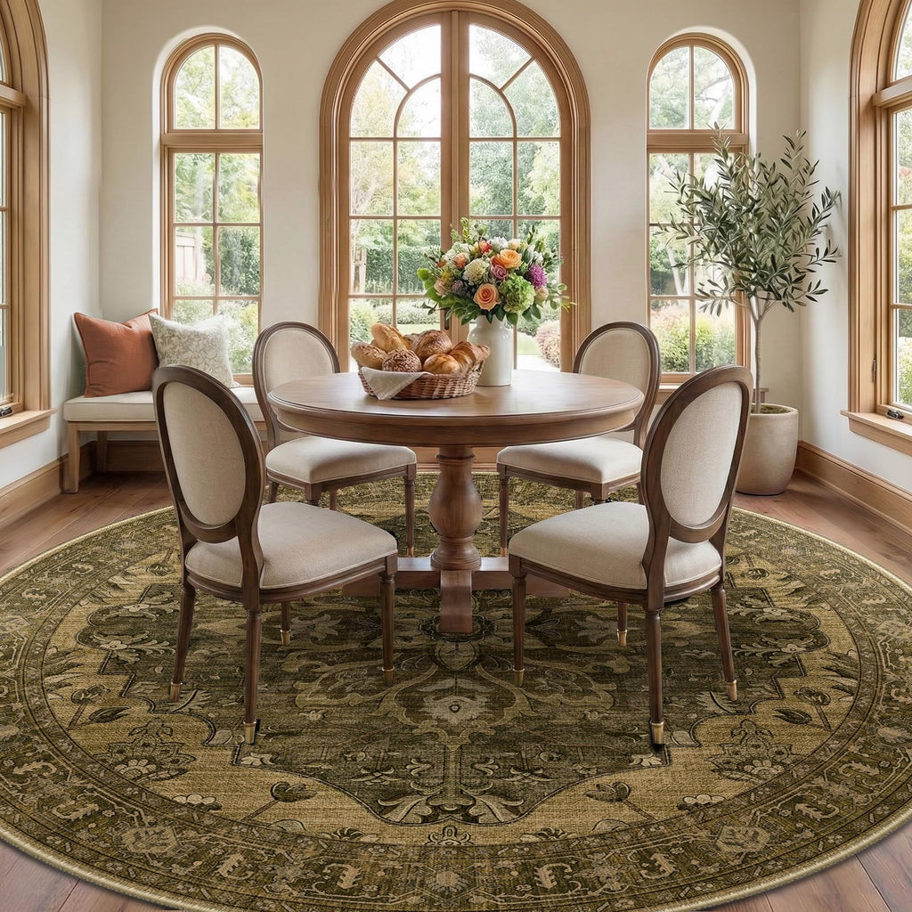 Washable Area Rug, Round 10ft, Brown/Dark Brown