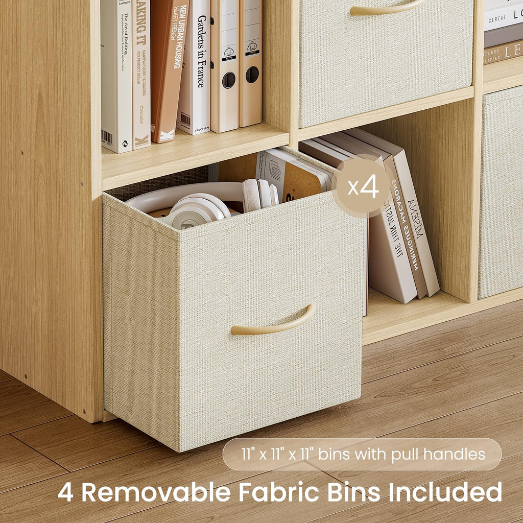 8 Cube Storage Organizer - Solid Wood Bookshelf with 4 Storage Bins, Cube Shelf with 2 Removable Back Panels