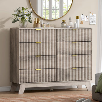 8 Drawer Fluted Dresser, Mid Century Modern Wooden Dresser with 8 Drawers, Dressers & Chests of Drawers with Metal