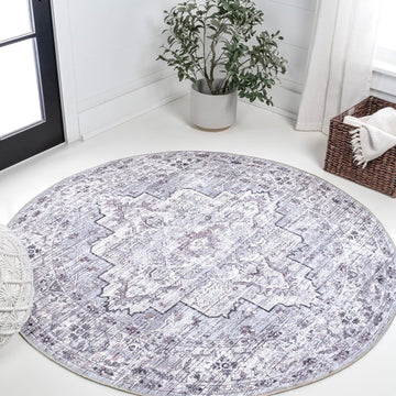 Machine Washable Gray/Purple Round Area Rug 8 ft, Didim Boho Medallion, Easy-Cleaning, High Traffic, Pet-Friendly
