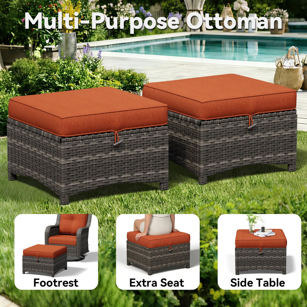 Patio Ottomans Set of 2, 22"x 22"x 18" Outdoor Wicker Footstool with Cushion, Orange, for Garden, Backyard, Deck
