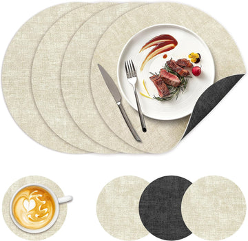 13" Faux Leather Round Placemats, Reversible Dual-Color - Set of 4