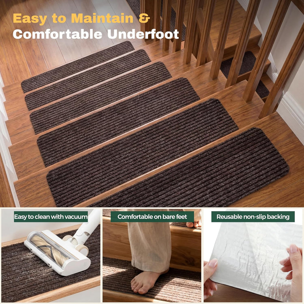 Carpet Stair Treads for Wooden Steps, 15 Pack, 8" x 30", Brown Stripe | Four-layer polyester carpet with PP grid