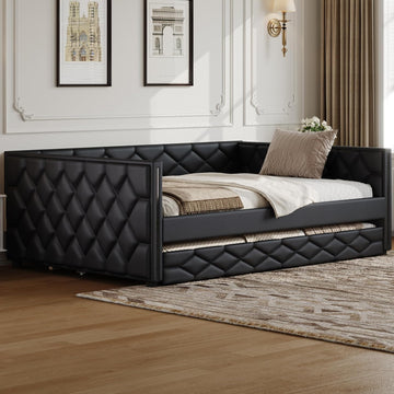 Full XL Size Daybed with Trundle, PU Leather Day Bed Frame | Black PU leather upholstered trundle bed with backrest