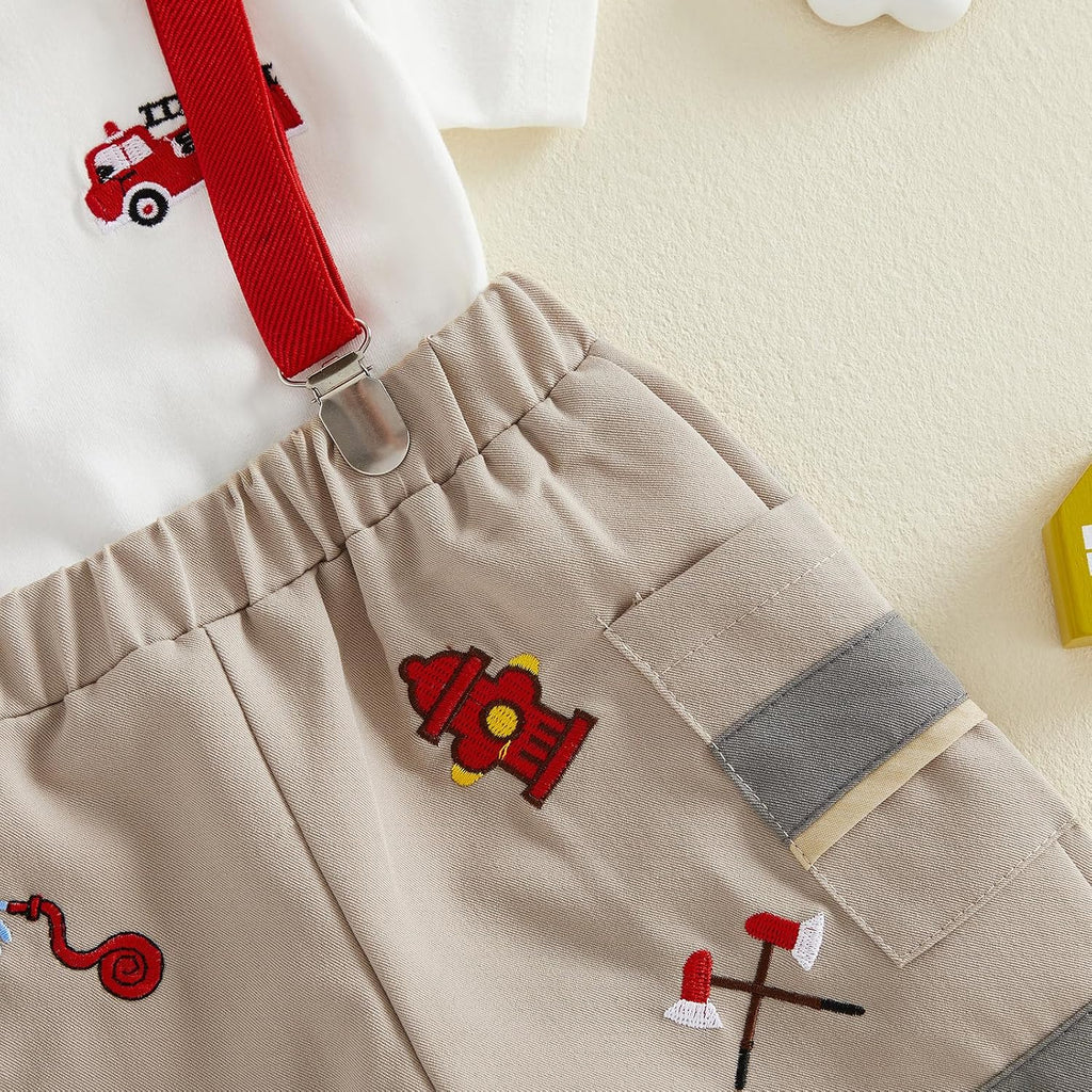 Toddler Baby Boy Summer Clothes Firefighting T Shirt Suspender Shorts Set