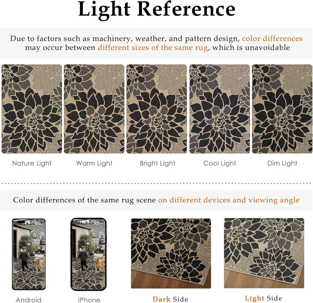 Black Easy Jute Outdoor Rug Floral Farmhouse Carpet