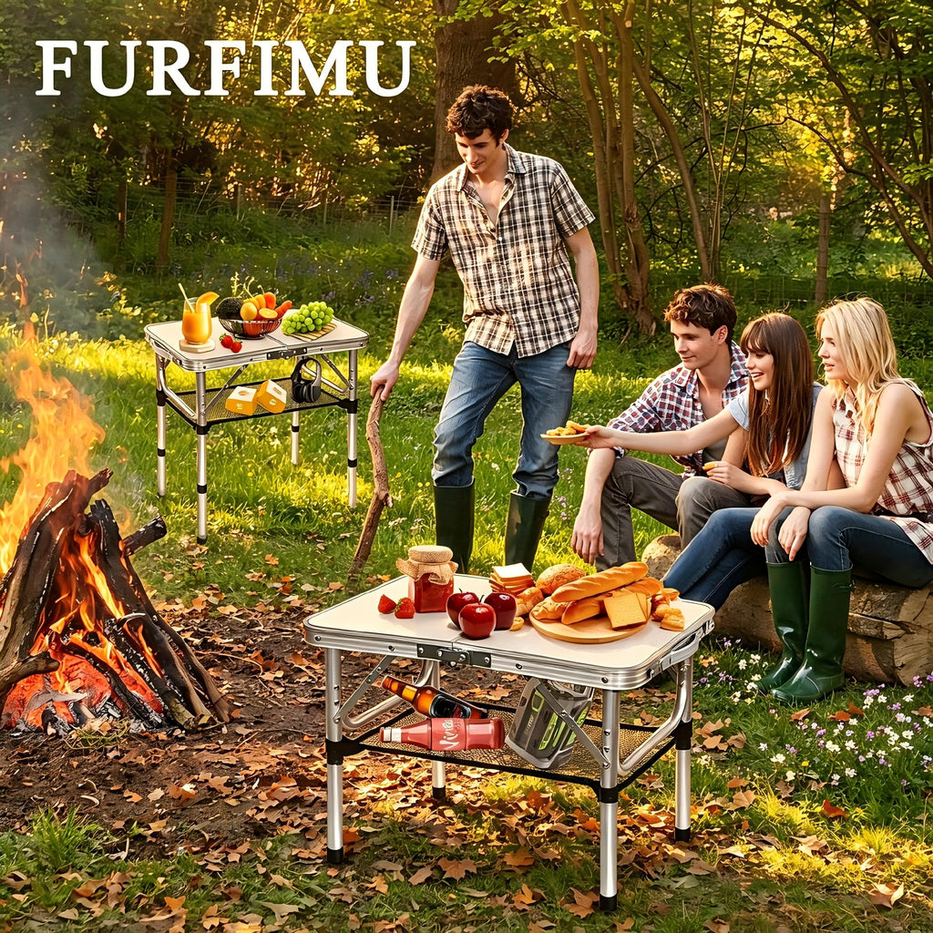 Small Folding Table with Storage Net, 24" x 16" Portable Foldable Camping Table with 3 Adjustable Height, White Metal