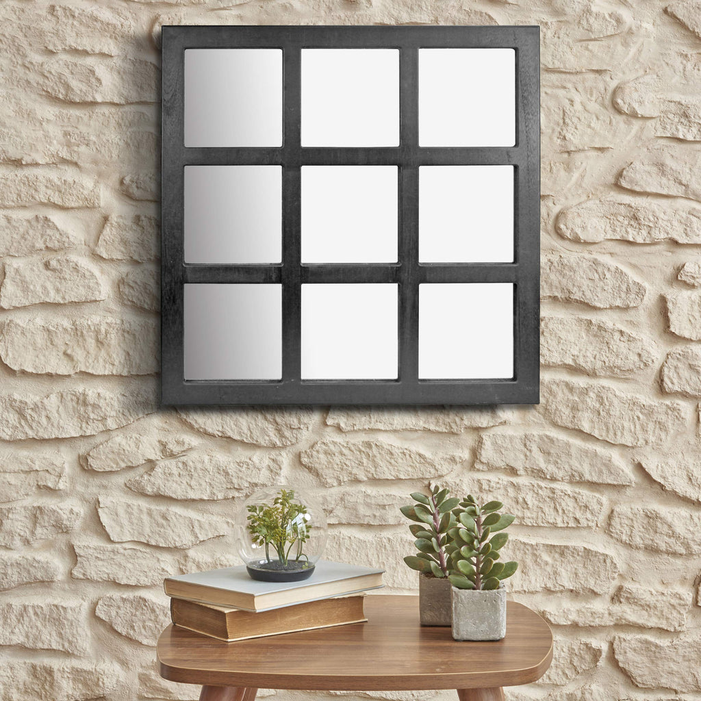 23.5" x 23.5" Square Black 9 Window Pane Hanging Wall Mirror with Attached Mounting Brackets, Decorative Rustic Decor
