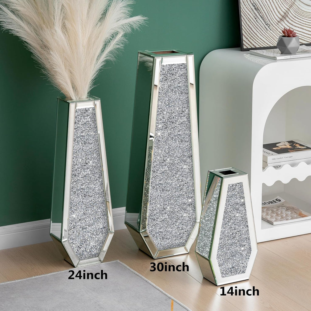 30" Floor Vase Crushed Diamond Mirrored Vase Silver Tall Vases for Floor, Large Crystal Glass Decorative Floor Vases