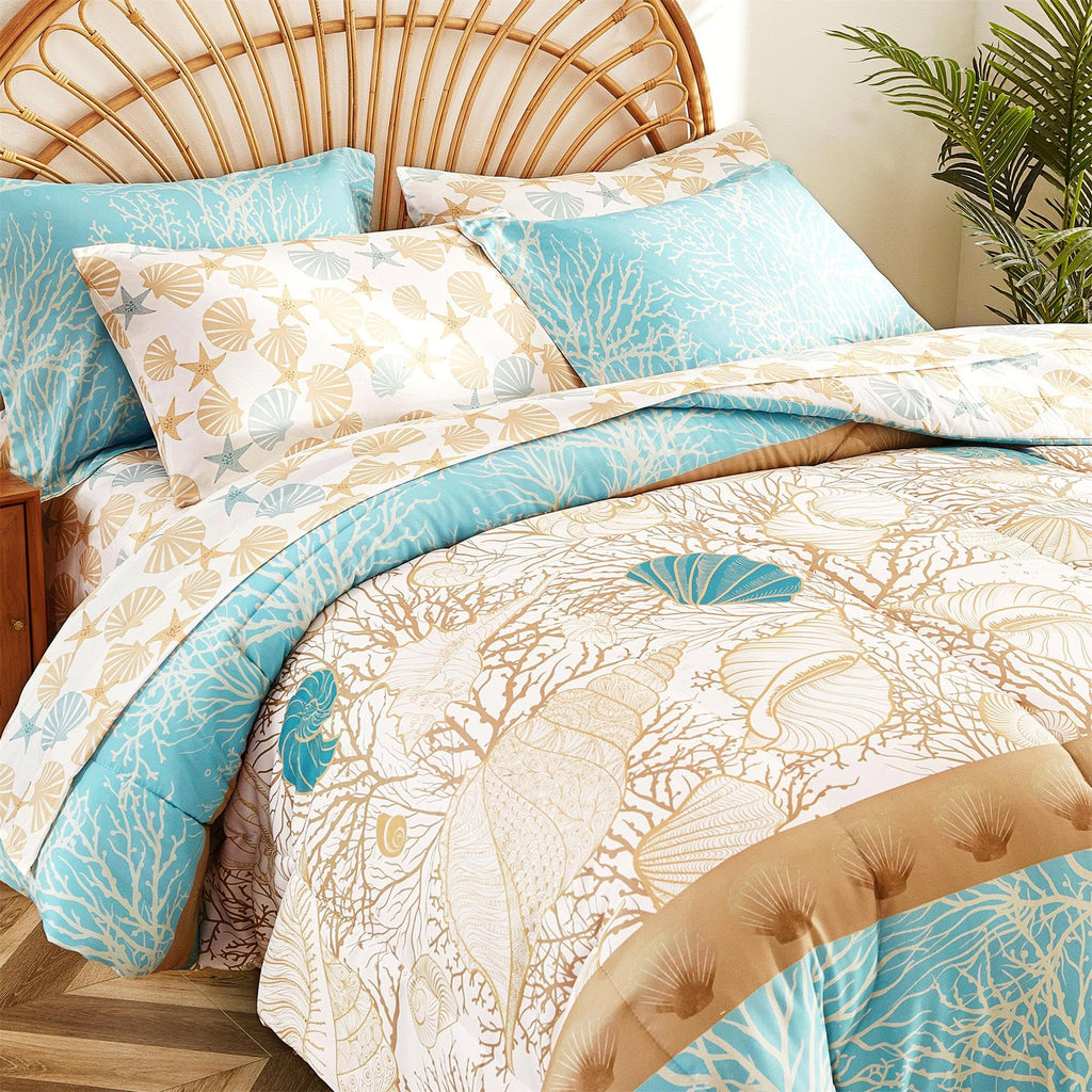 Blue Coastal Comforter Set 7 Pieces, Starfish Printed Bedding Bed in A Bag, Soft Microfiber Comforter with