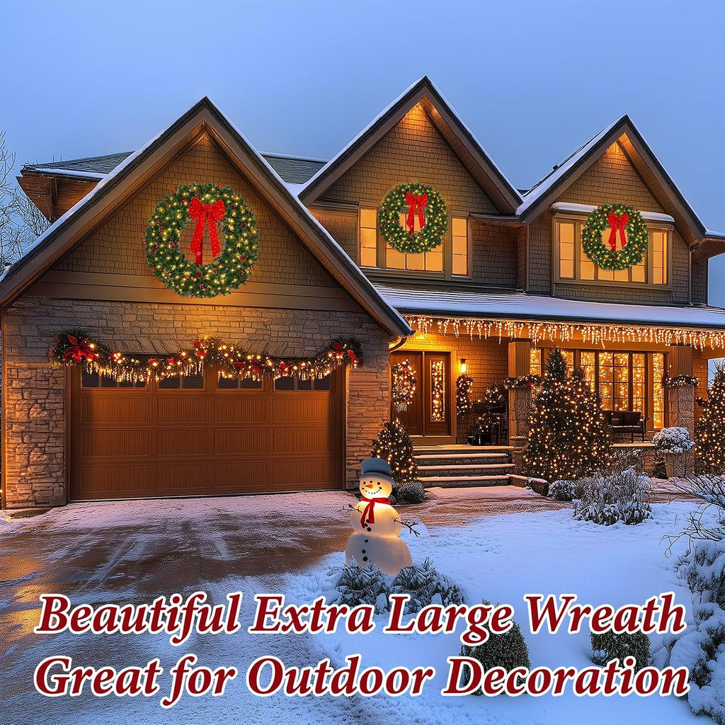 48in Large Artificial Pre-Lit Christmas Wreath, 240 LED Warm White Lights & 630 PVC Tips, Xmas Wreath Holiday Accent