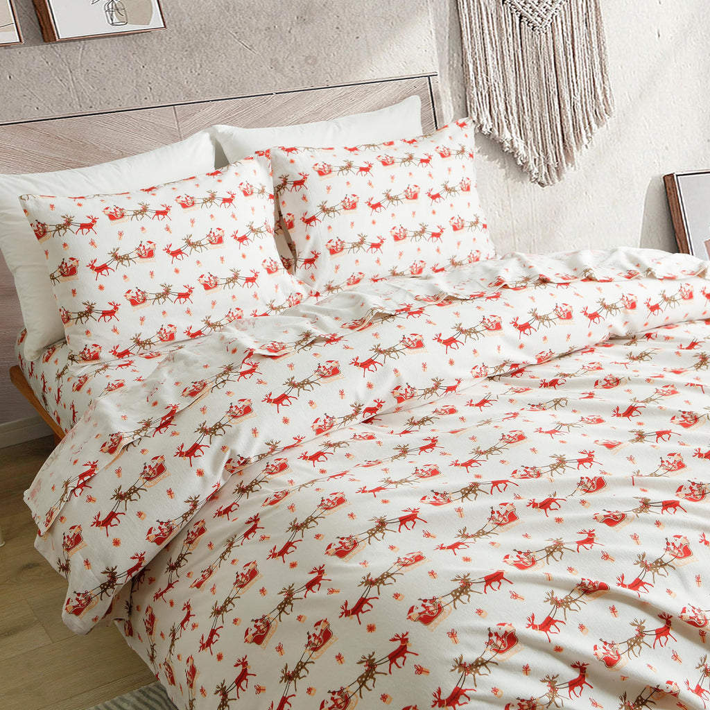 Holiday Christmas Flannel Sheet Set, Twin, Santa Sleigh