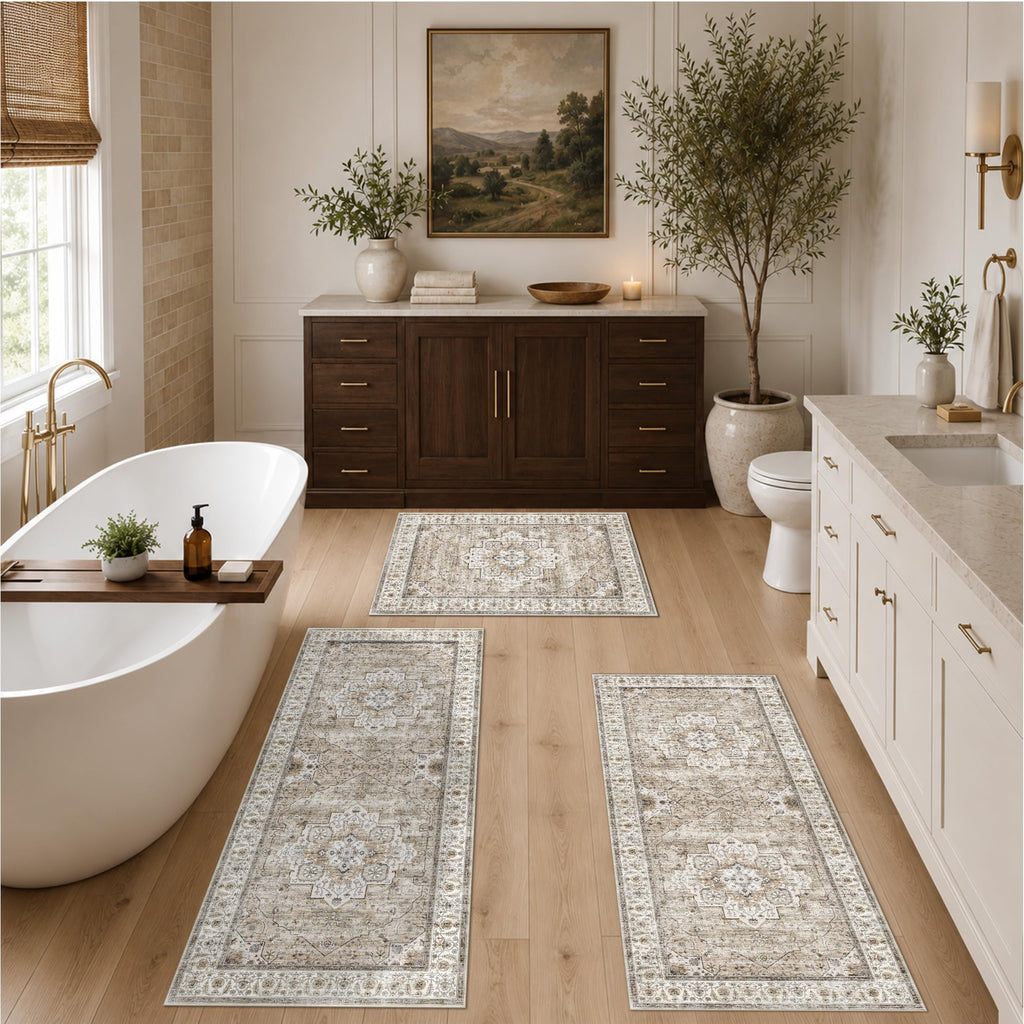 Washable Kitchen Rugs Sets of 3: Non-Slip Boho Kitchen Mats for Floor - Soft Low Pile Carpet Runner for