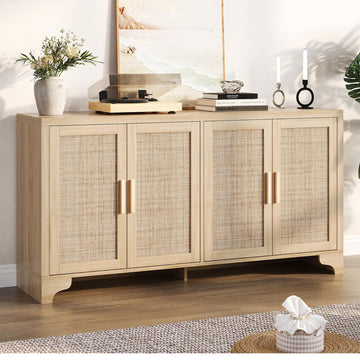 Natural Rattan Storage Cabinet with Shelves, 4-Door Sideboard Buffet Cabinet, Boho TV Stand Console Table, Dinning