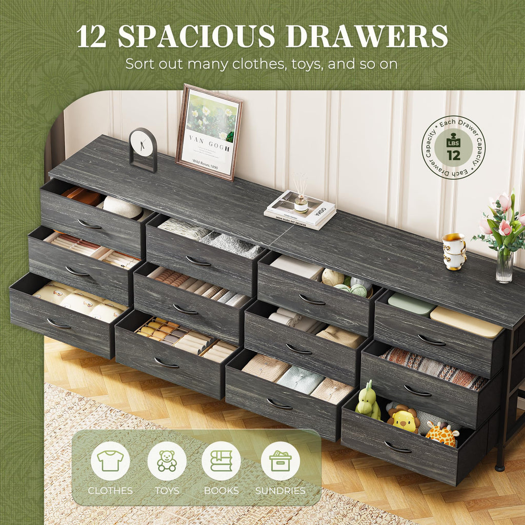 70 Inch Dresser, TV Stand for 65, 75, 80 Inch TV, 12 Fabric Drawer Long Dresser, Large Storage Organizer Unit, Chest