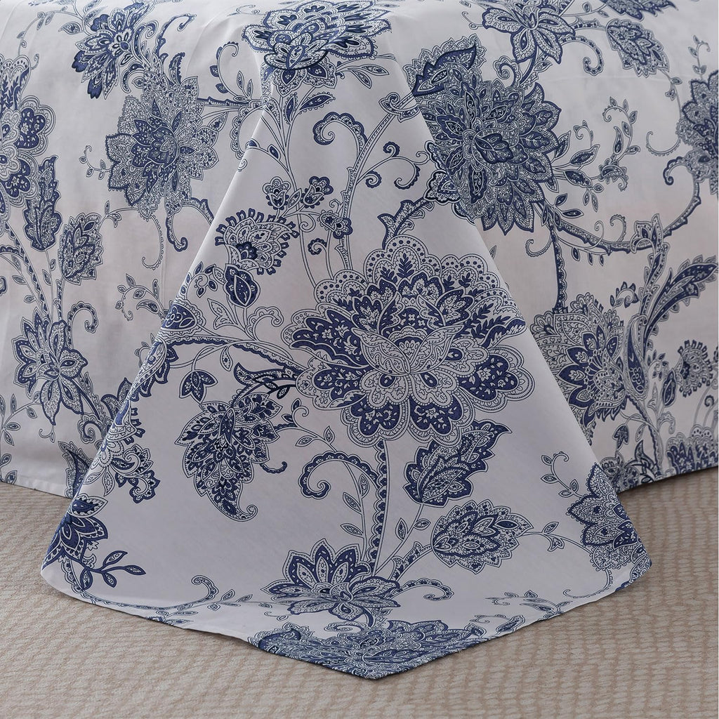 Cal King Sheets Set Percale Cotton Floral Bed Sheets Deep Pocket Fitted Sheet, Luxury Blue Floral Pattern Classic
