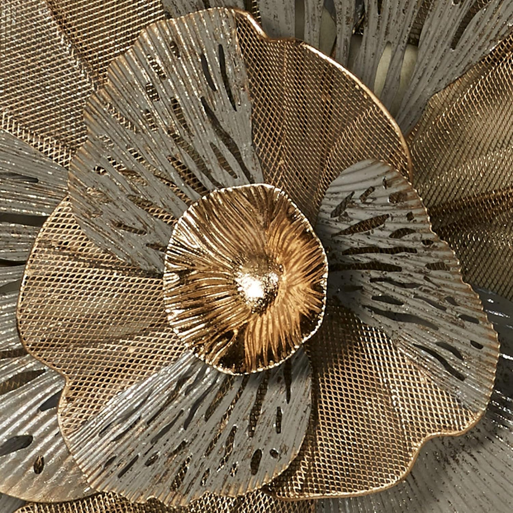 Fontana Floral Bloom Dimensional Mesh Metal Wall Art - Gold, Taupe, Gray - Charming Openwork Decor - Horizontally
