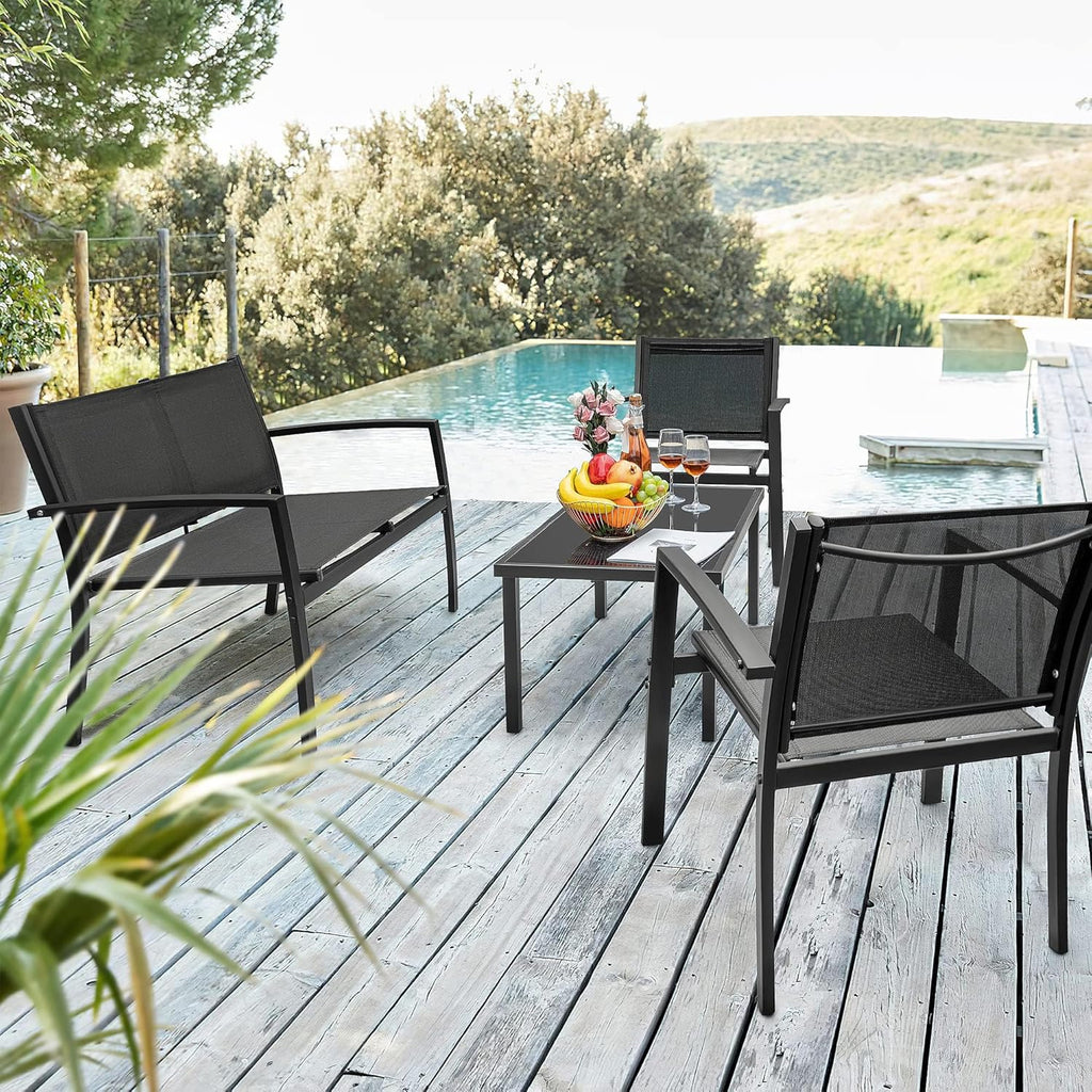 4 Pieces Outdoor Patio Furniture Textilene Modern Conversation Black Bistro Set with Loveseat Tea Table for Home