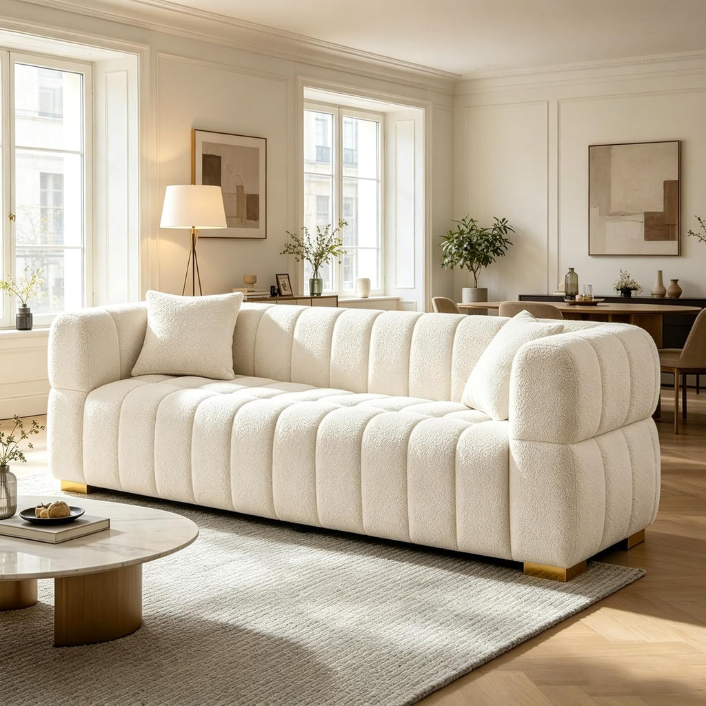 90.94"Cloud Sofa Couch, Modern Deep Seat Boucle Sofa, Oversized Upholstered 3-Seater Comfy Couch Loveseat , White (1