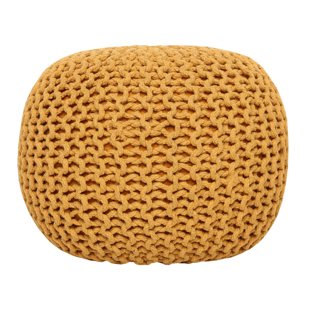 Round Pouf Ottoman - Hand Knitted Boho Poof - Mustard, Set of 2