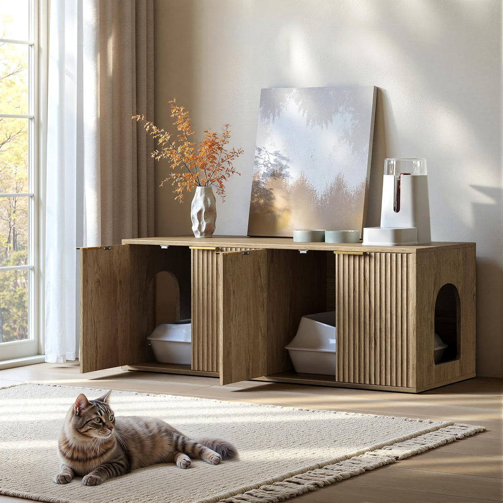 47.2" Oak Litter Box Enclosure Furniture for 2 Cats