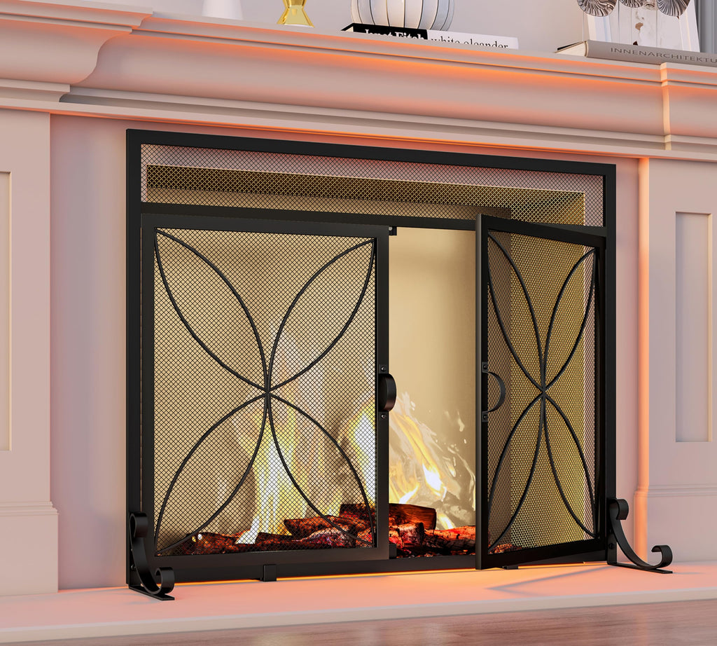 Magnetic Double Door Black Wrought Iron Fireplace Screen Guard