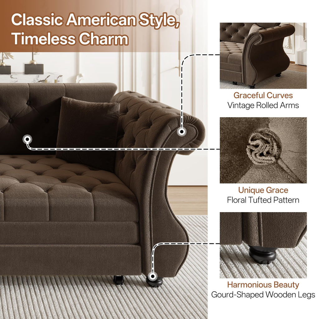 Sleeper Sofa Bed 83.6", Velvet Pull Out Couch, Chesterfield Sofa, Brown
