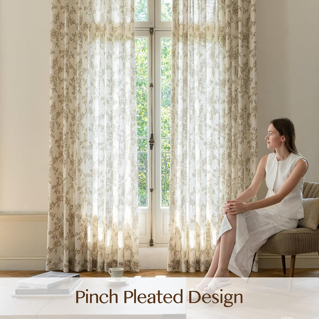 Pinch Pleated Sheer Floral Curtains - Luxury Linen Blend Light Filtering Beige Drapes for Bedroom Living Room - 95"