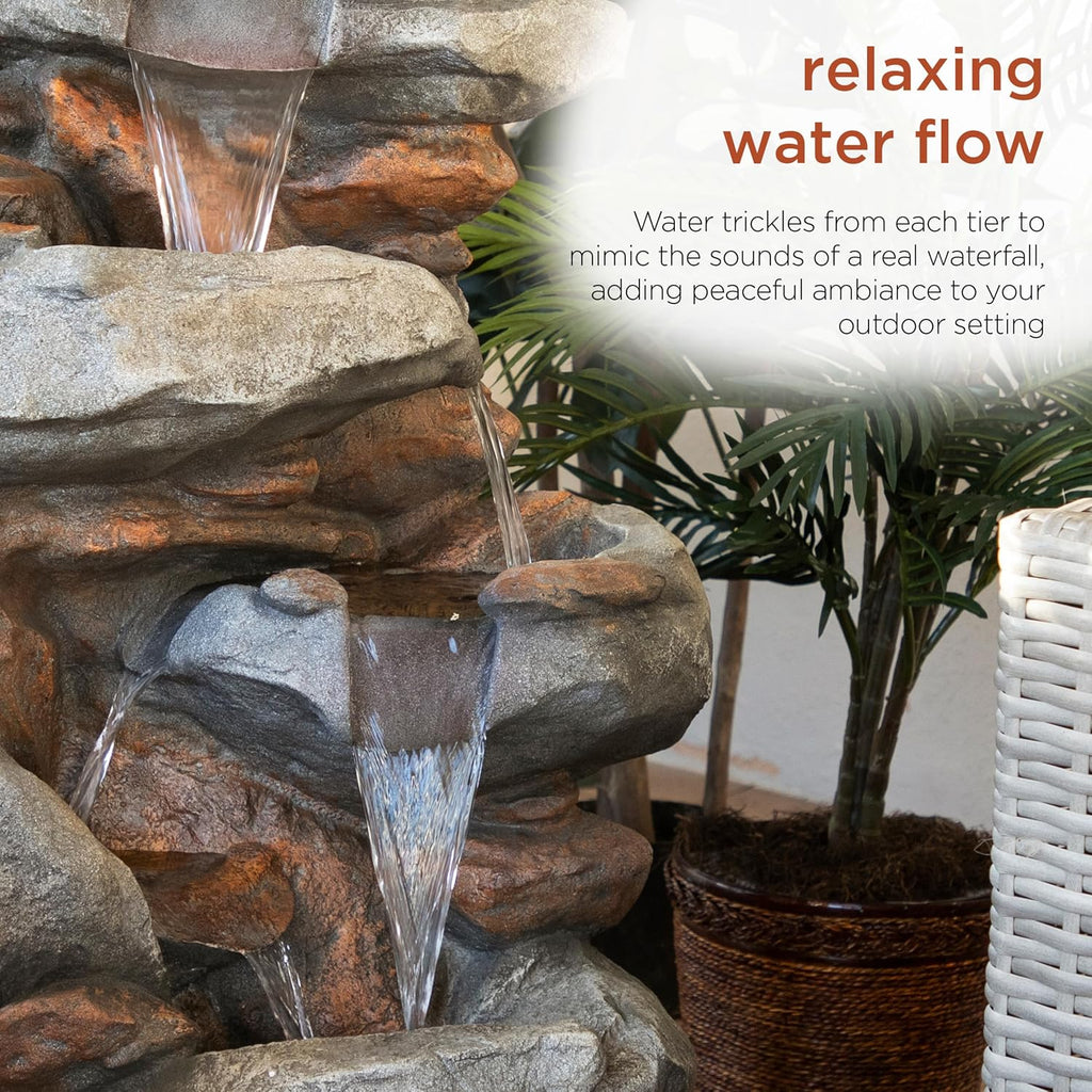 40" 4-Tier Rock Floor Fountain with Cascading Water & White LED Lights, Tranquil Outdoor Water Feature