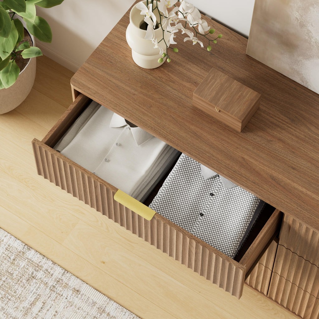 55" Wide Fluted Dresser with 6 Drawer, Modern Chest of Drawers with Curved Profile Design and Metal Handles, Wood