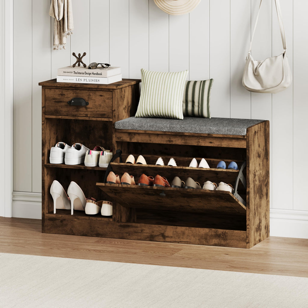Shoe Storage Bench, Modern Wooden Shoe Cabinet, Vintage Brown