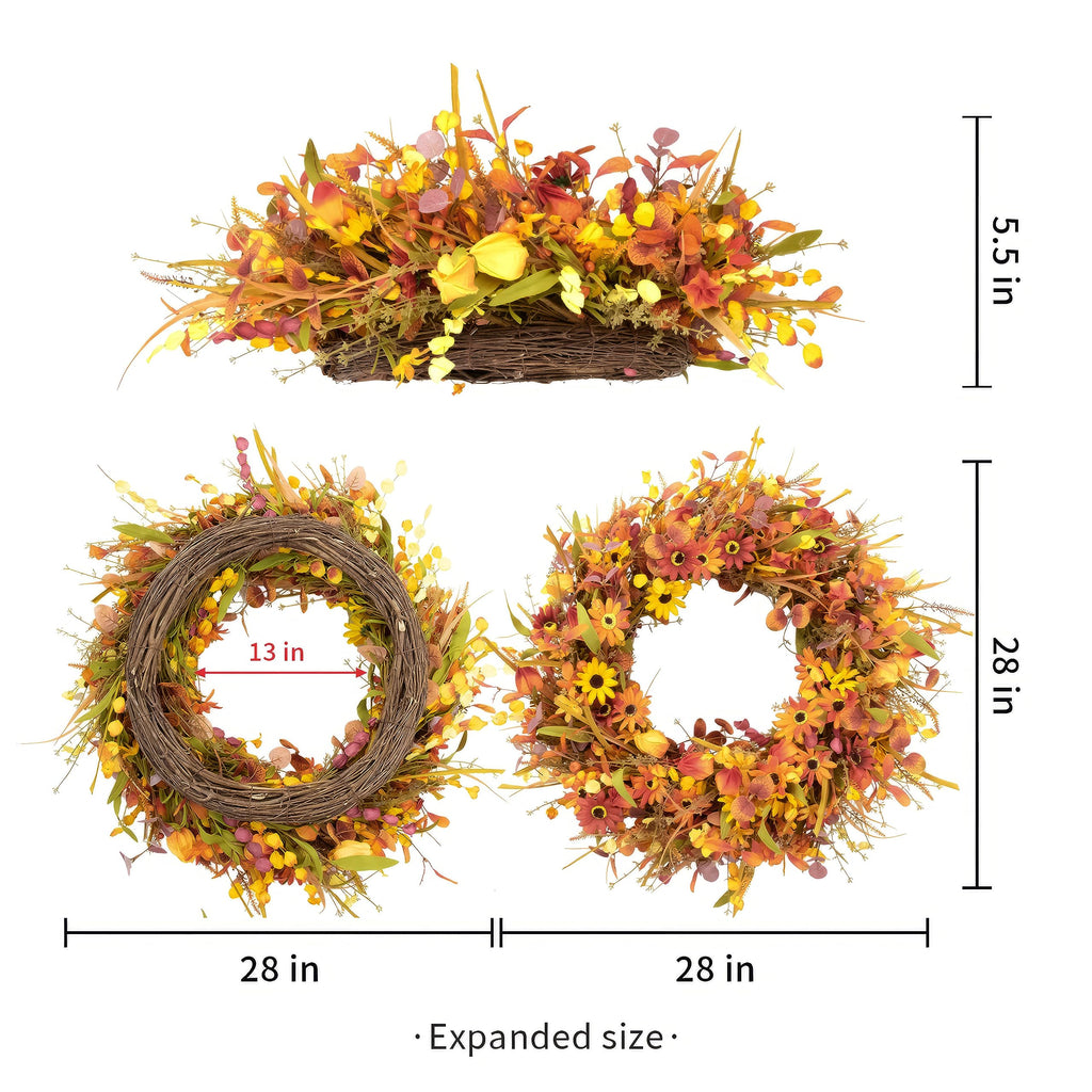 28 Inch Large Fall Wreaths for Front Door Artificial Fall Wreath Floral Autumn Wreath with Colorful Daisies Fall