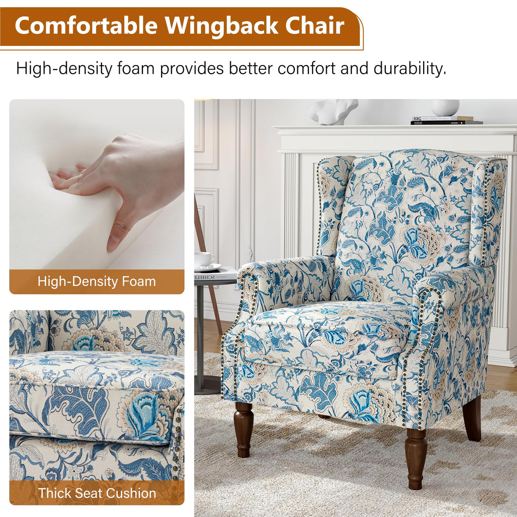 Wingback Accent Chairs Set of 2, High Back Upholstered Armchair, Boho Blue