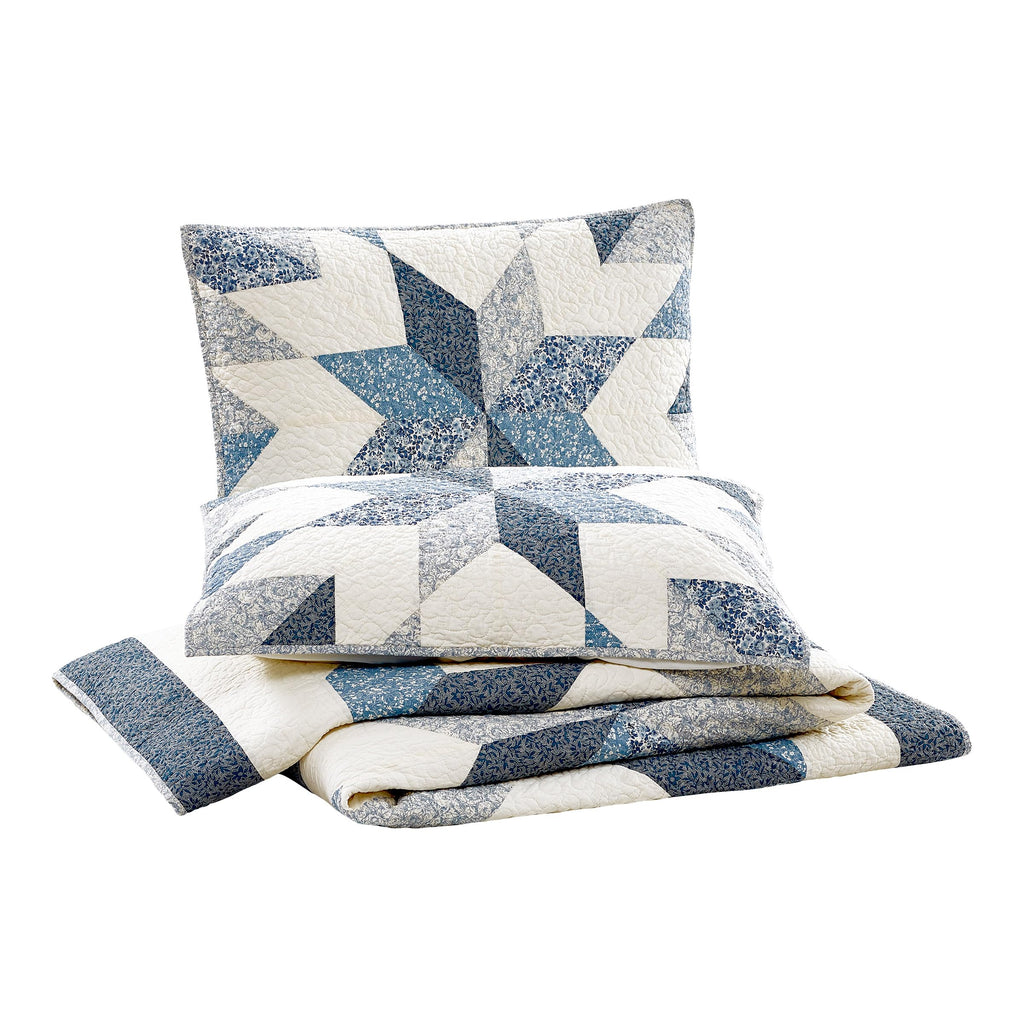 Bright Star Patchwork Quilt Set - 3-Piece Cotton Lone Star Medallion Bedding with 2 Shams, Pre-Washed Blue