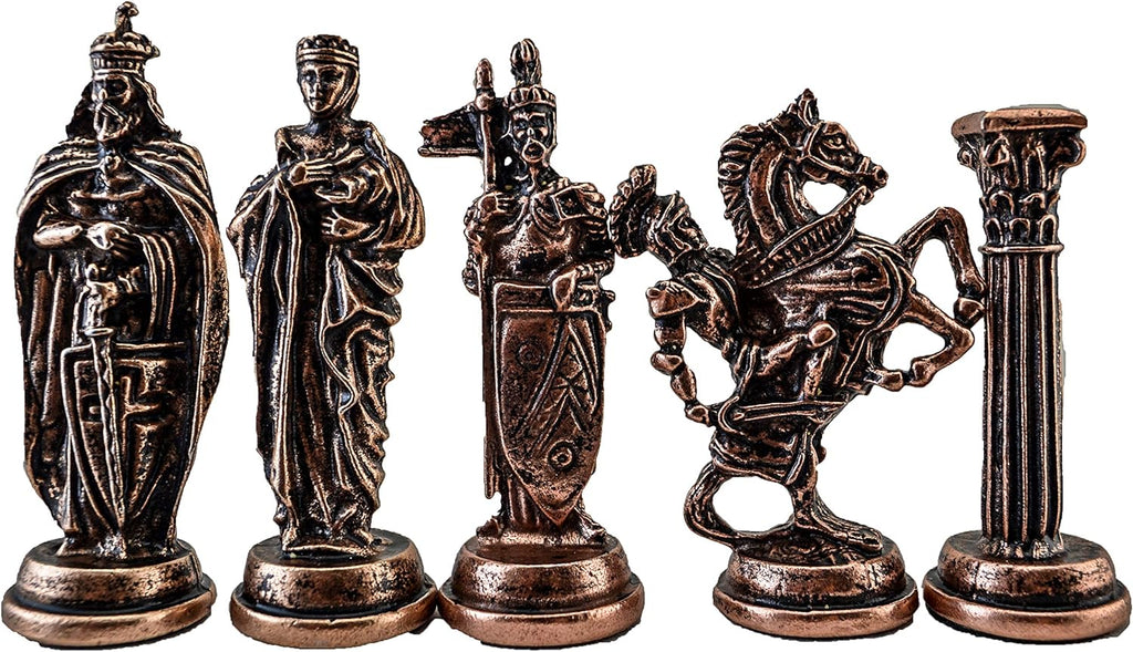 Medieval British Army Antique Copper Metal Chess Set for Adults,Handmade Pieces and Natural Solid Wooden Chess Board