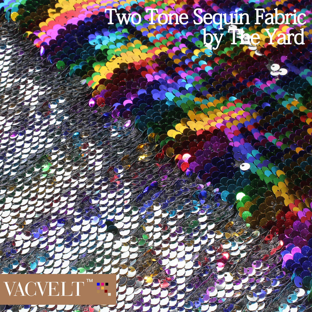 Flip Sequin Fabric by The Yard, Half Yard, Rainbow + Silver