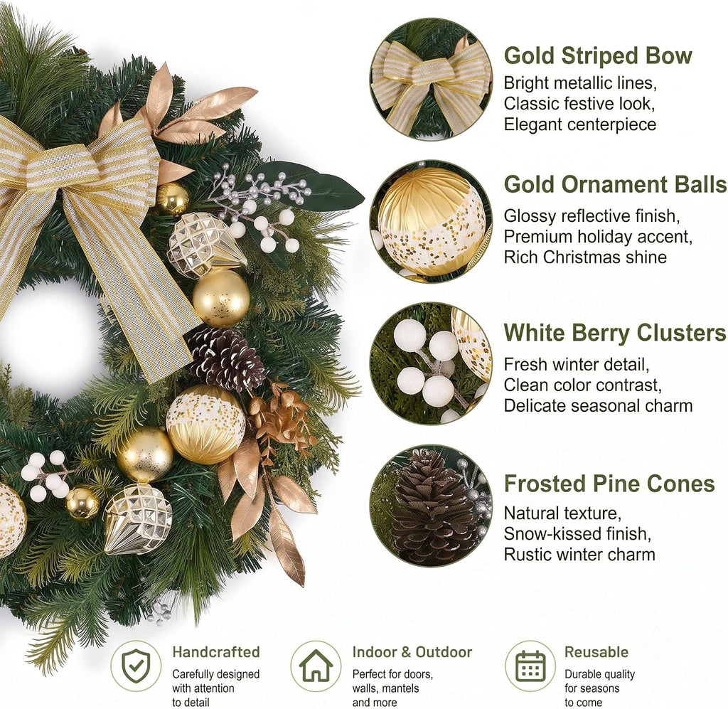 24" Prelit Christmas Wreath for Front Door with Light (Gold)