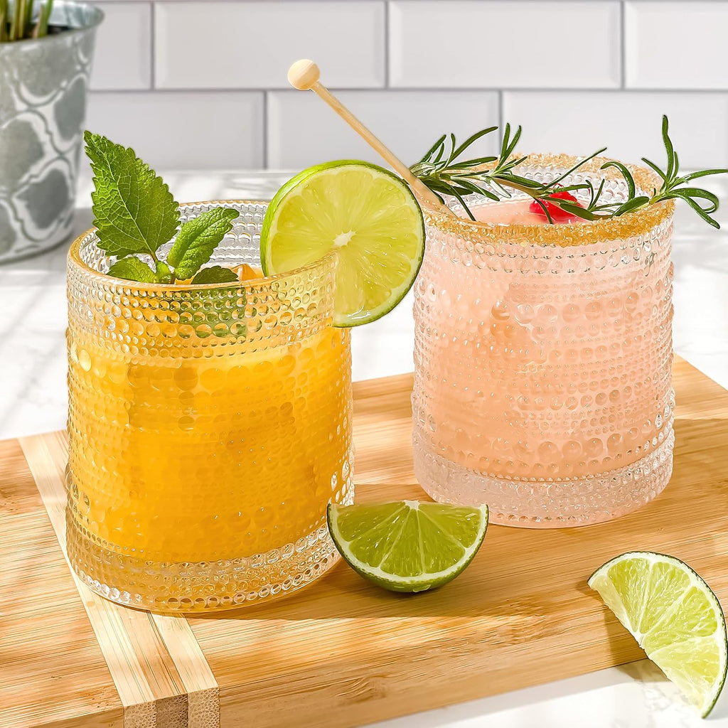 Beaded Drinking Glasses Set of 6, 10 oz Retro Vintage Glassware - Boho Cocktail Water Juice Glasses, Hostess or