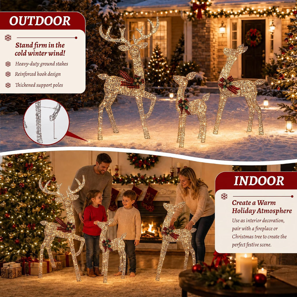 4.83FT 3-Piece Large Lighted Christmas Deer Family Set Rattan