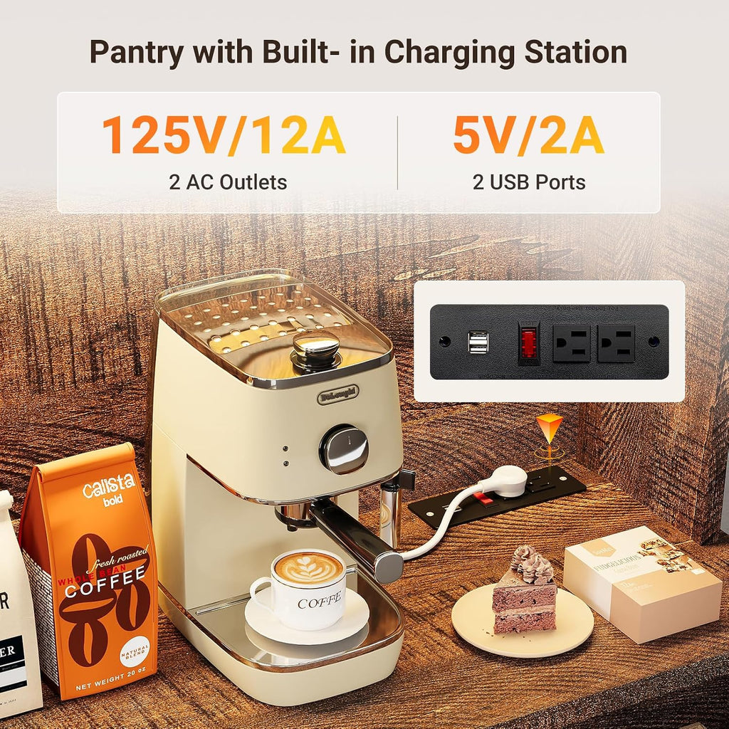 71'' Pantry Cabinet, Kitchen Hutch with Storage, LED & Power, Brown | 2 AC Outlets, 2 USB Ports, 6 Door Shelves, 2