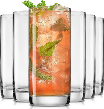 Faye 13oz Highball Glasses, 6pc Tall Glass Sets. Lead-Free Crystal Drinking Glasses. Water Glasses, Mojito Glass