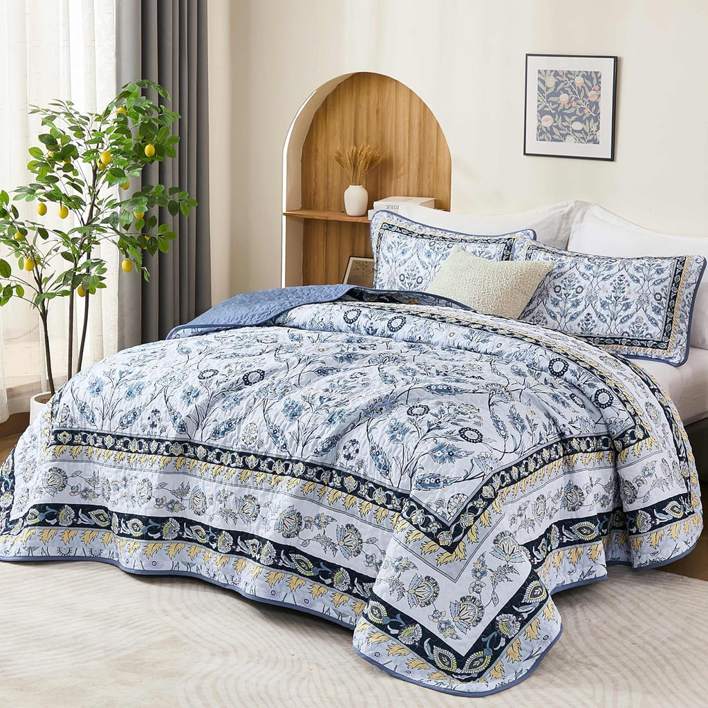 Queen Quilt Sets, Navy Blue Floral Quilt Set Queen 3 Pieces Boho Bedspread Coverlet Set with 2 Pillowcases Soft