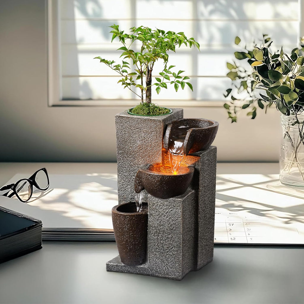 Resin Tabletop Waterfall Fountain with LED Light & Plant Pot, Indoor Desk Water Fountains Decor (22028N)