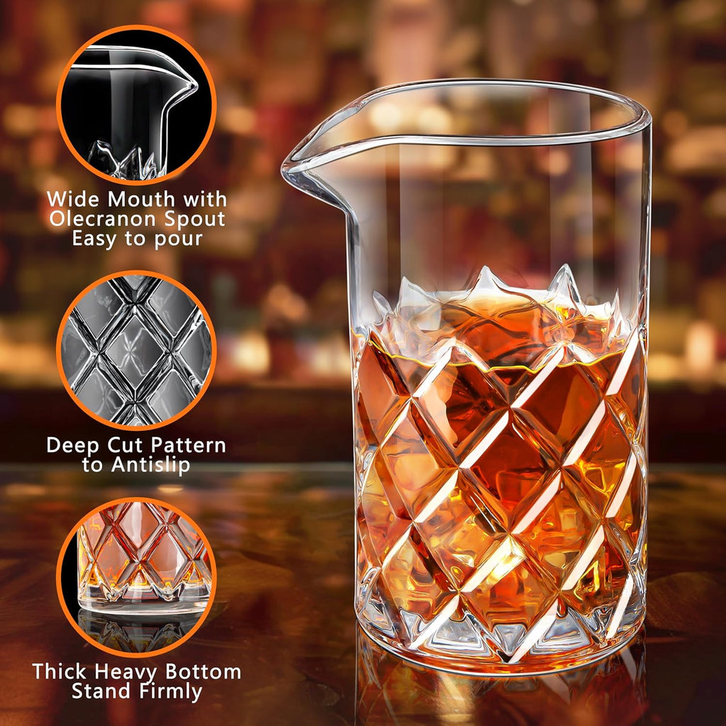 Cocktail Mixing Glass Set,Bar Mixing Set with 20oz Crystal Thick Bottom Glass,Spoon, Jigger,Strainer and Muddle,5 - Set of 5