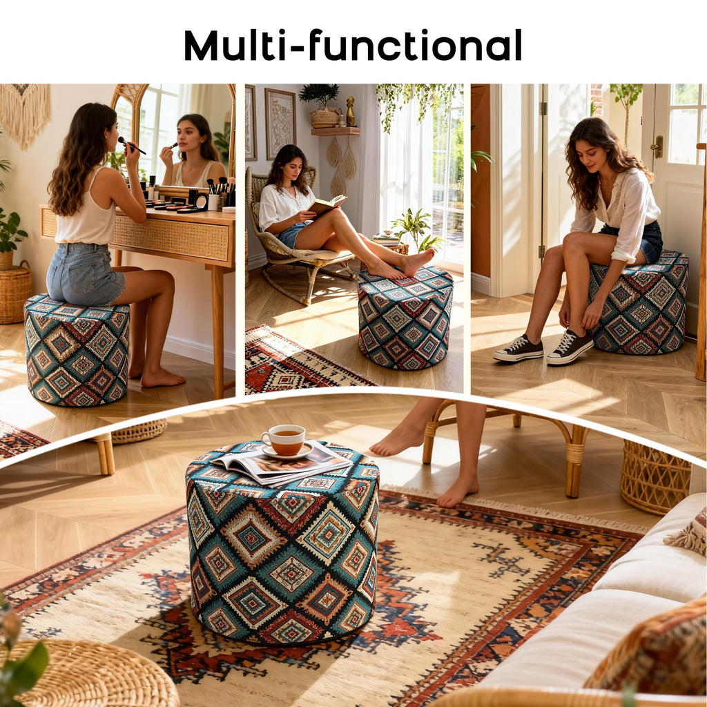 Pouf Ottoman Footrest Boho Embroidered Stuffed Round Pouf, 20" Tribal Geometric Accent Decor, Removable Cover & Firm
