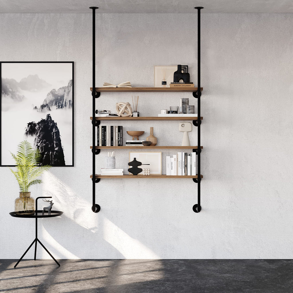 Industrial Shelf Brackets Wall Mounted - Heavy Duty Floating Shelf Support, Black Steel Pipe Shelving, Adjustable DIY