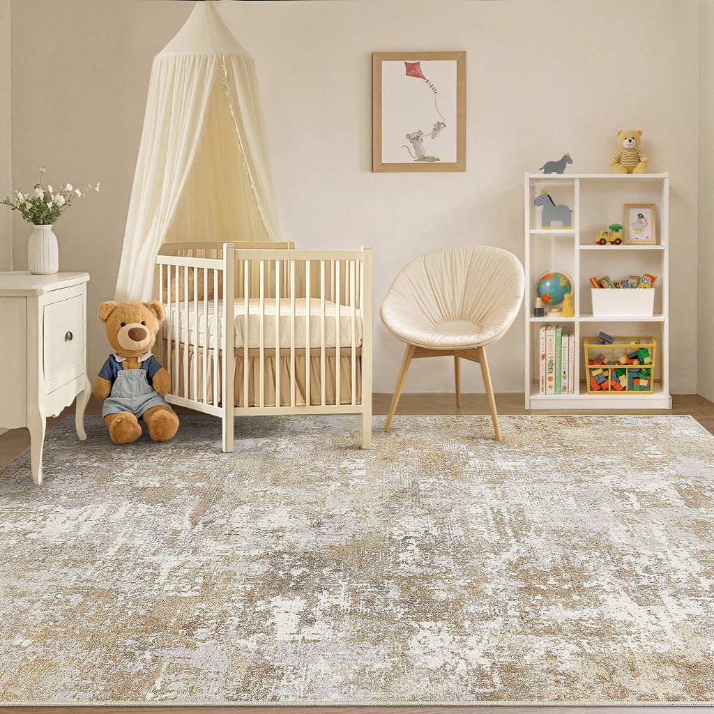 Washable 12x15 Area Rug : Modern Abstract Neutral Large Soft Thin Rugs - Non Slip Indoor Carpet Dining Room Office